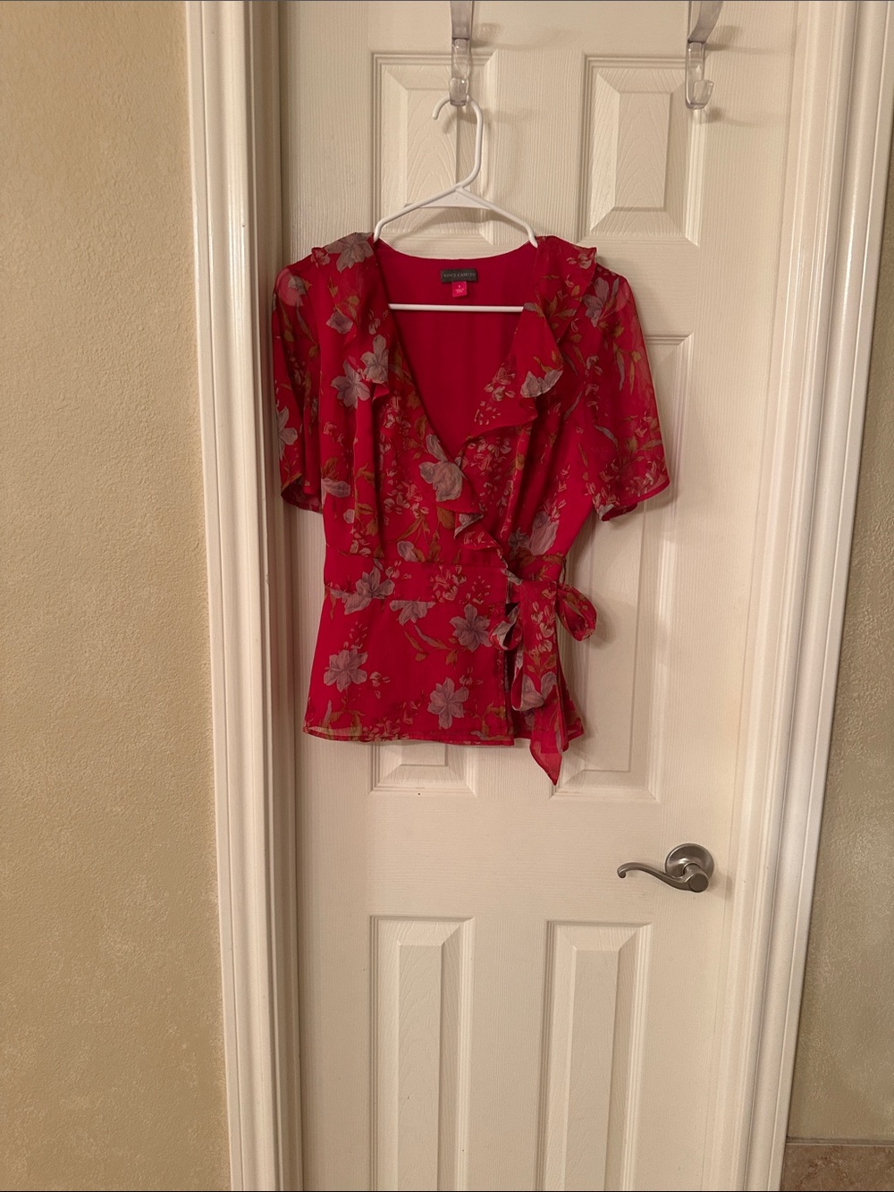 Vince Camuto Red Floral Ruffle Wrap Blouse